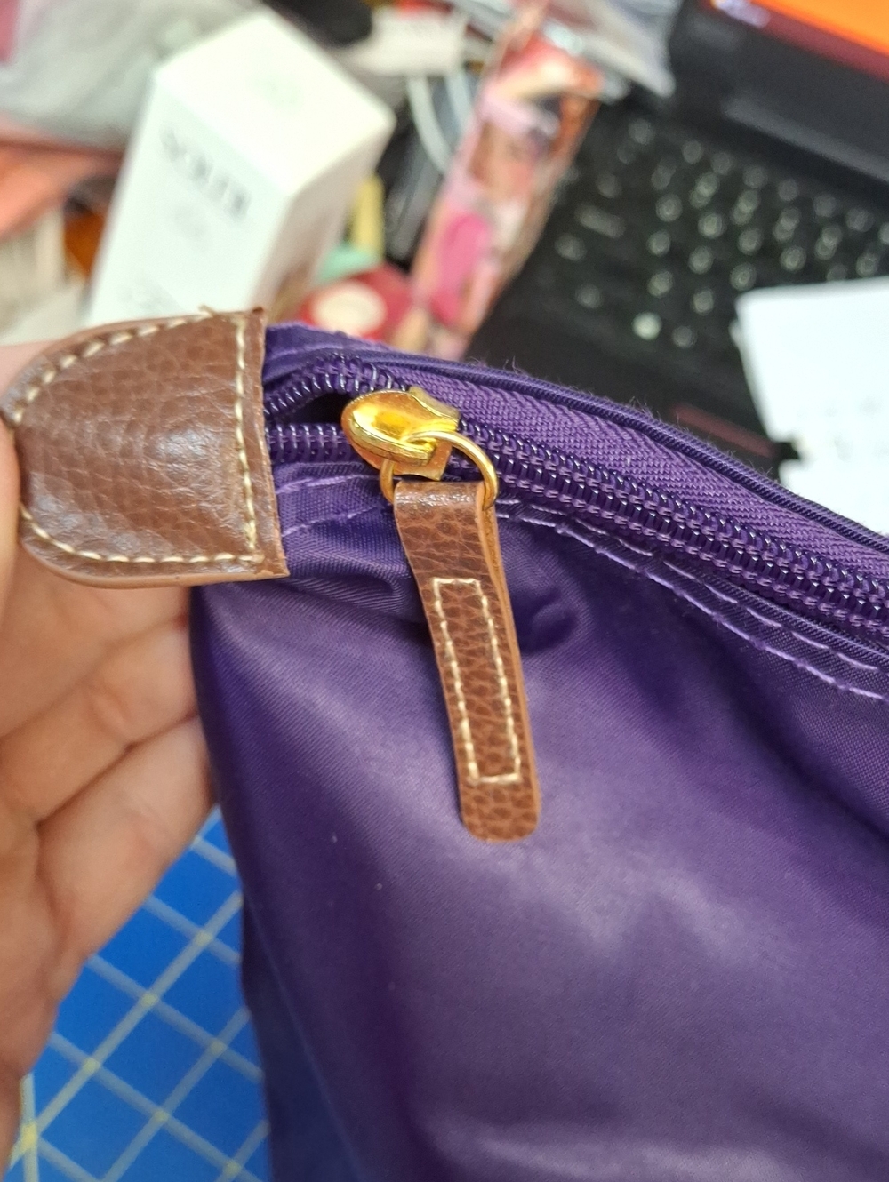 Purple Tote Preloved Brown Leather Trim - Picture 2 of 9